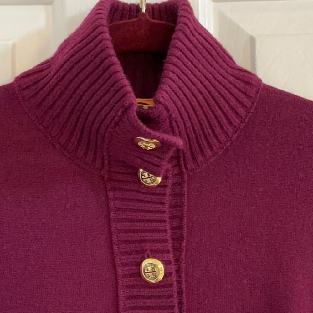 Tory Burch Dark Raspberry Wool/Cashmere Blend Sweater w/ Gold Logo Buttons - Picture 6 of 11
